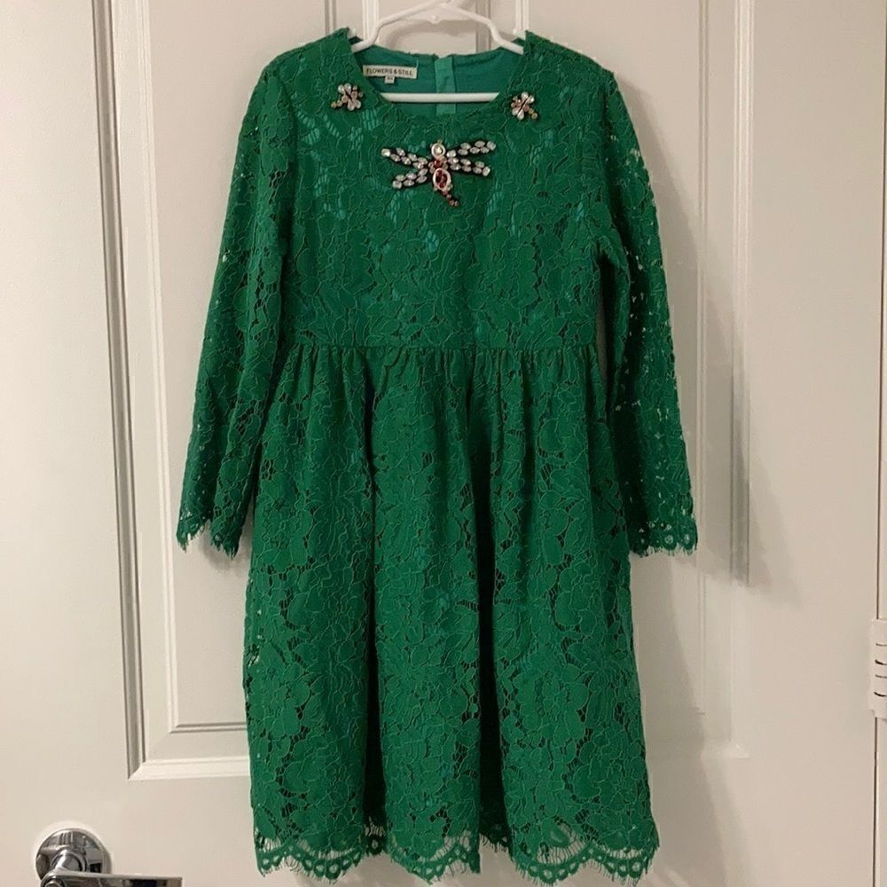 Flowers & Still Girls Green Lace Dress Embellished with a Crystal Firefly. Sz 8. - Picture 1 of 8